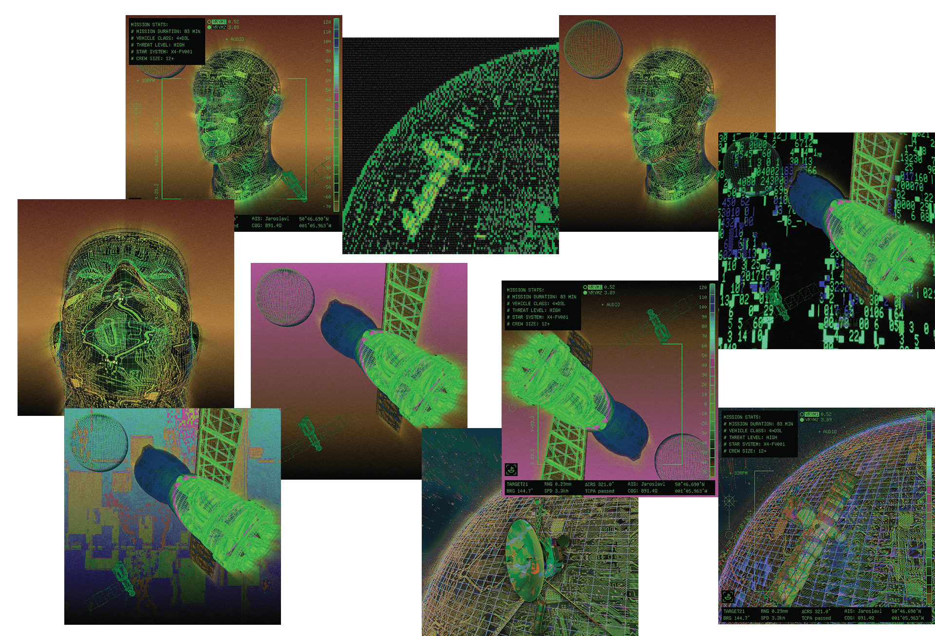Process visualization showing wireframe 3D space objects with HUD elements